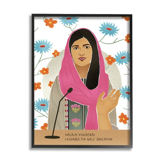 Stupell Industries Malala Yousafzai Speech Over Blue & Orange Flowers Wall Art in Frame